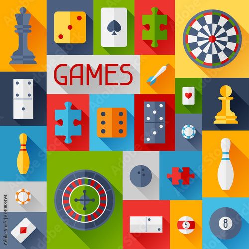Background with game icons in flat design style.
