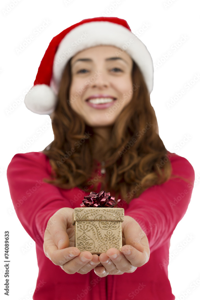 Christmas woman giving a small shiny gift box Christmas woman giving a small shiny gift box