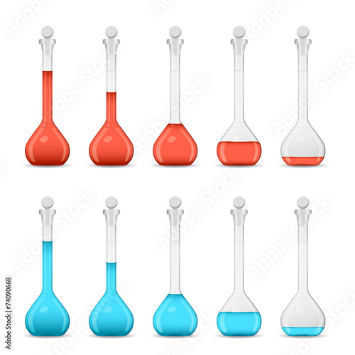 Row of volumetric flasks with volume reduction of color solution