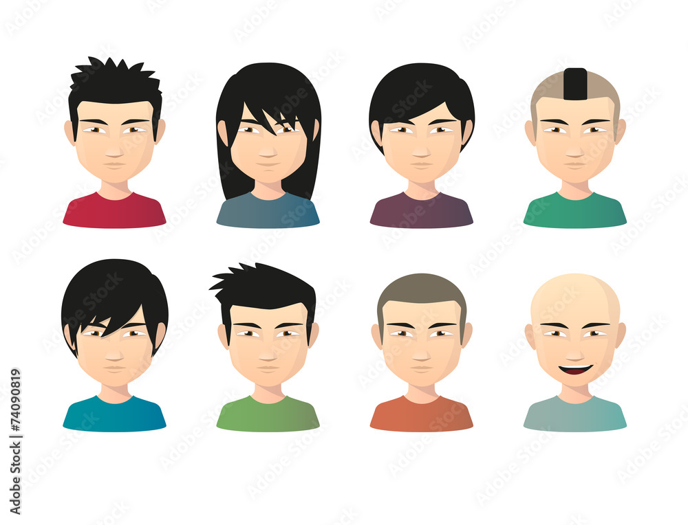 Set of asian male avatars with various hair styles Set of asian male avatars with various hair styles
