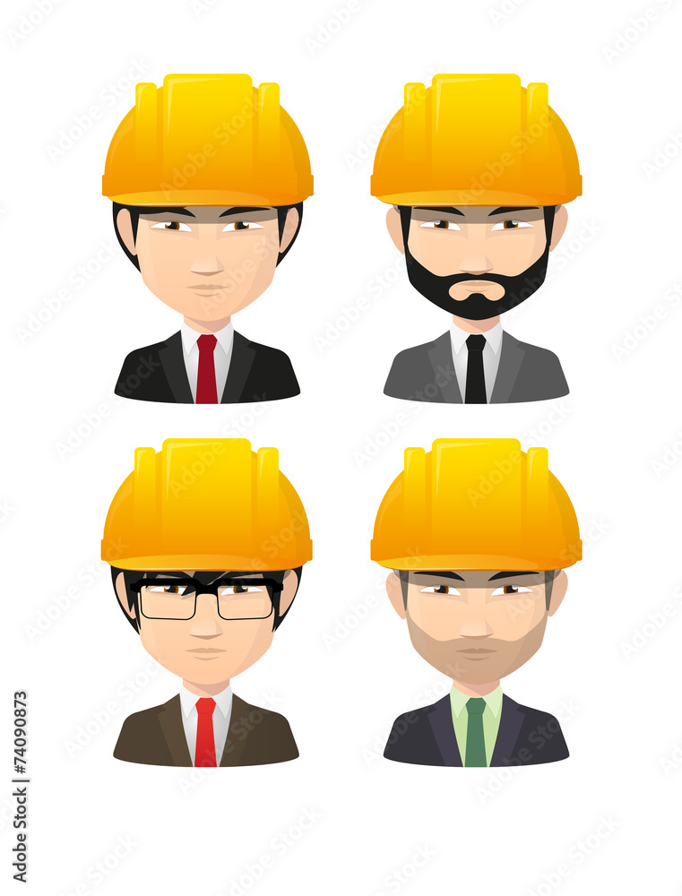 Set of asian male avatars wearing working helmets Set of asian male avatars wearing working helmets