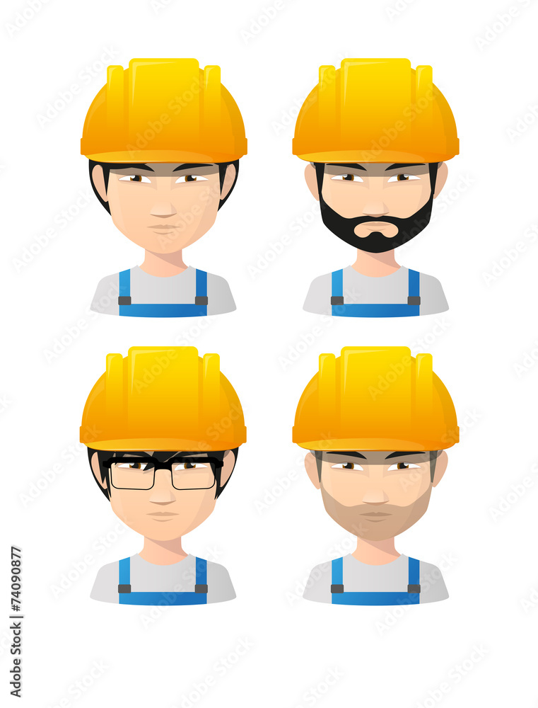 Set of asian male avatars wearing working helmets Set of asian male avatars wearing working helmets