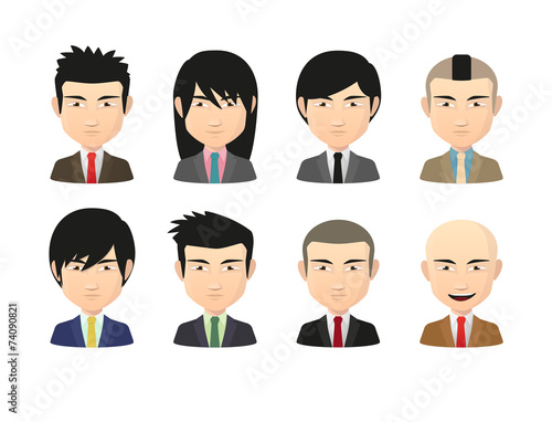 Set of asian male avatars with various hair styles wearing suit
