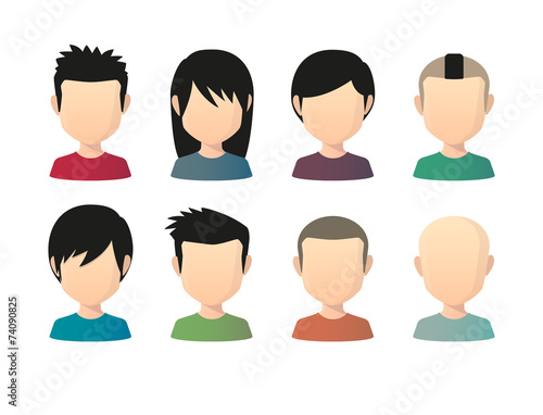 Set of asian male faceless avatars with various hair styles
