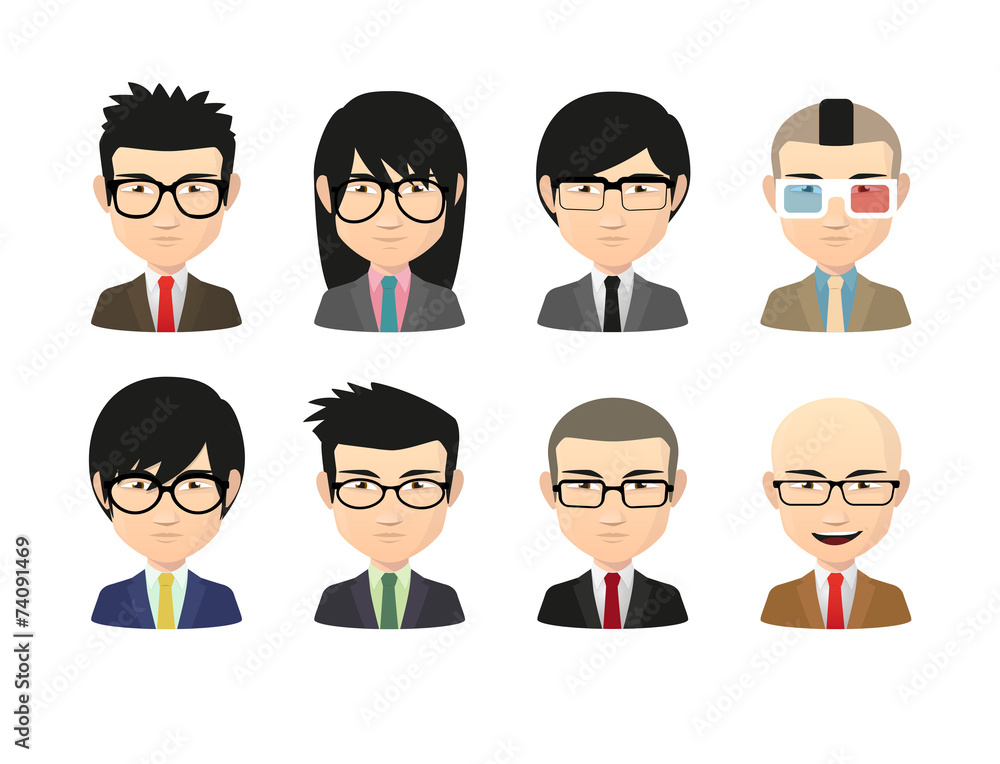 Set of asian male avatars with various hair styles wearing glass Set of asian male avatars with various hair styles wearing glass
