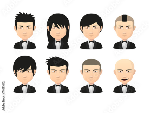 Set of asian male avatars with various hair styles wearing tuxed