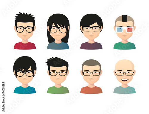 Set of asian male avatars with various hair styles wearing glass