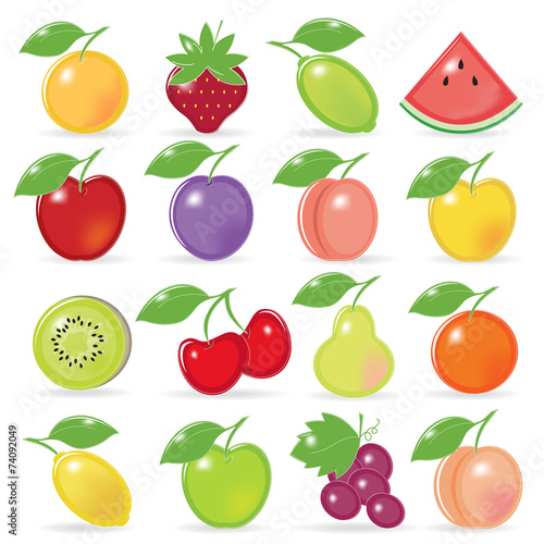 Retro-stylized fruit icons with reflection and shadow 