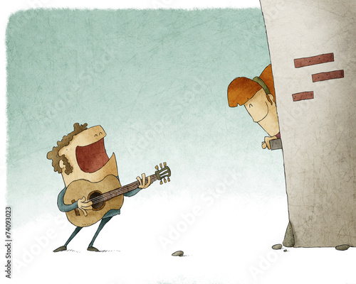 Man singing a song and playing guitar for a woman