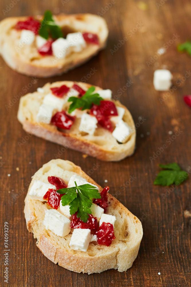 Bruschetta with sun dried tomatoes and feta