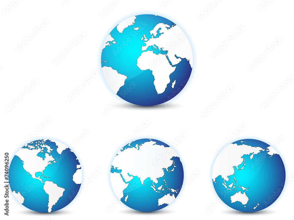 World globe icons set, with different continents in focus.