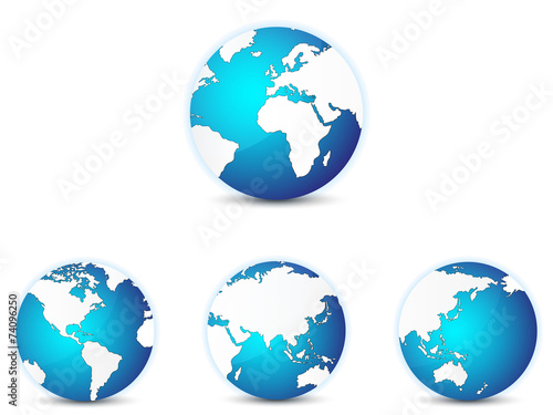World globe icons set  with different continents in focus.