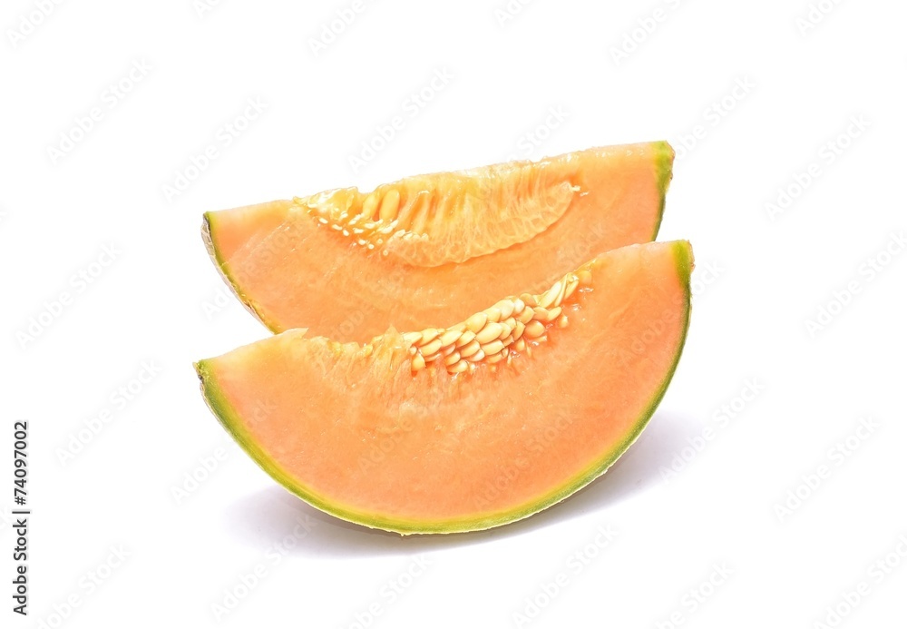 Cantaloupe melon slices isolated on white background Cantaloupe melon slices isolated on white background