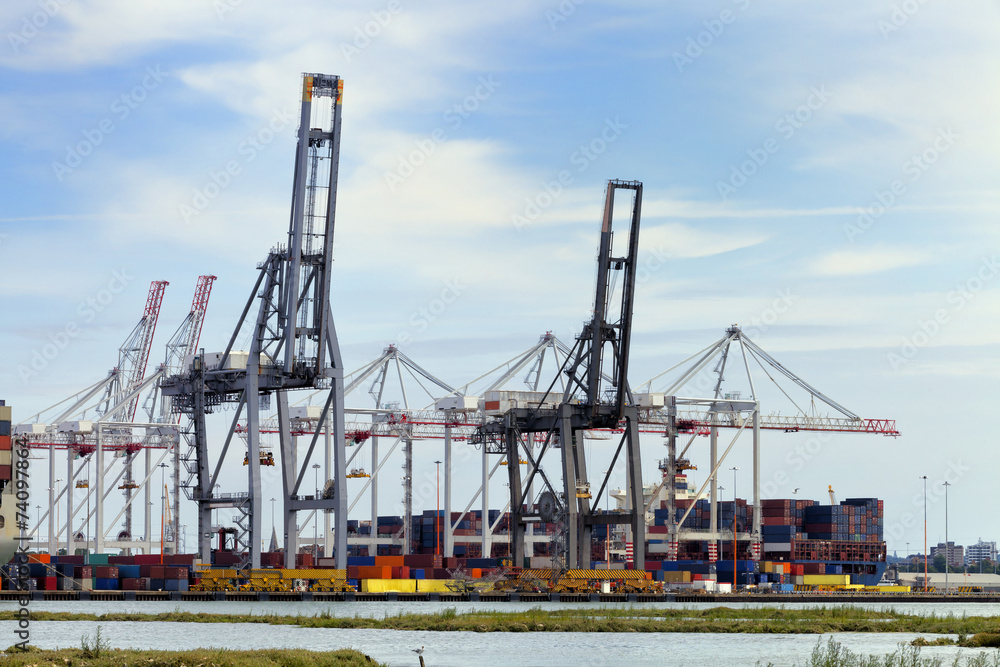 Harbor cranes uploading containers for shipping Harbor cranes uploading containers for shipping