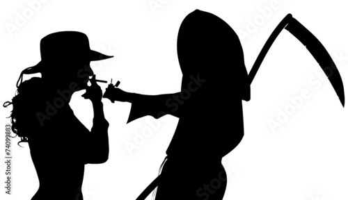 Vector silhouette of a woman with the Grim Reaper.