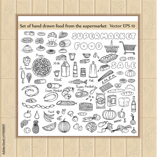 Vector set of hand drawn food from the supermarket