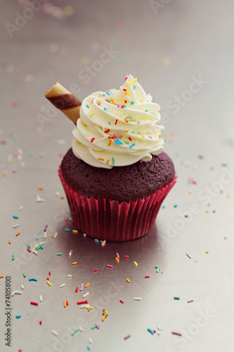 Obraz na plátně Chocolate sundae cupcake with sprinkles