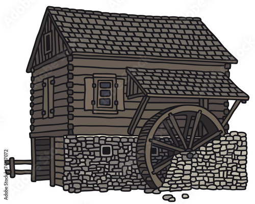 Hand drawing of an old wooden water mill