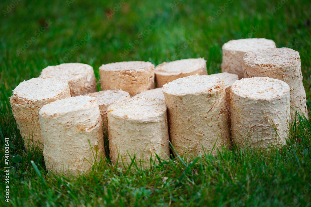 wooden pellets on green grass background wooden pellets on green grass background