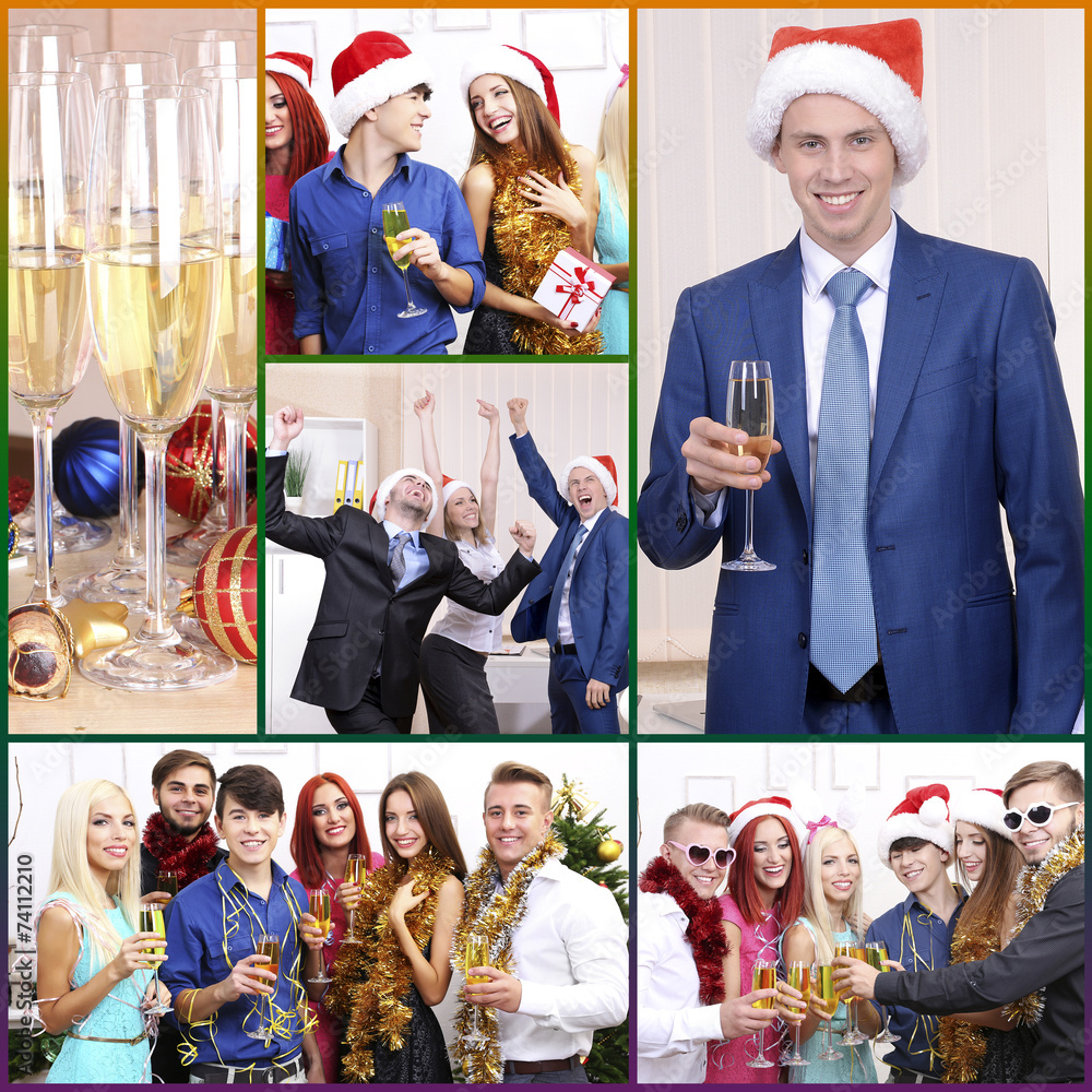 Obraz premium Collage of photos with Christmas celebration in office