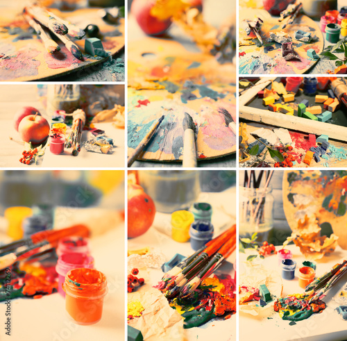Beautiful still life with professional art materials collage