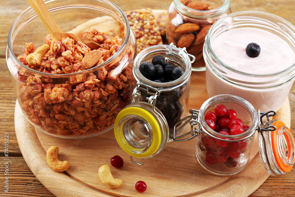 Healthy breakfast. Granola on table Healthy breakfast. Granola on table
