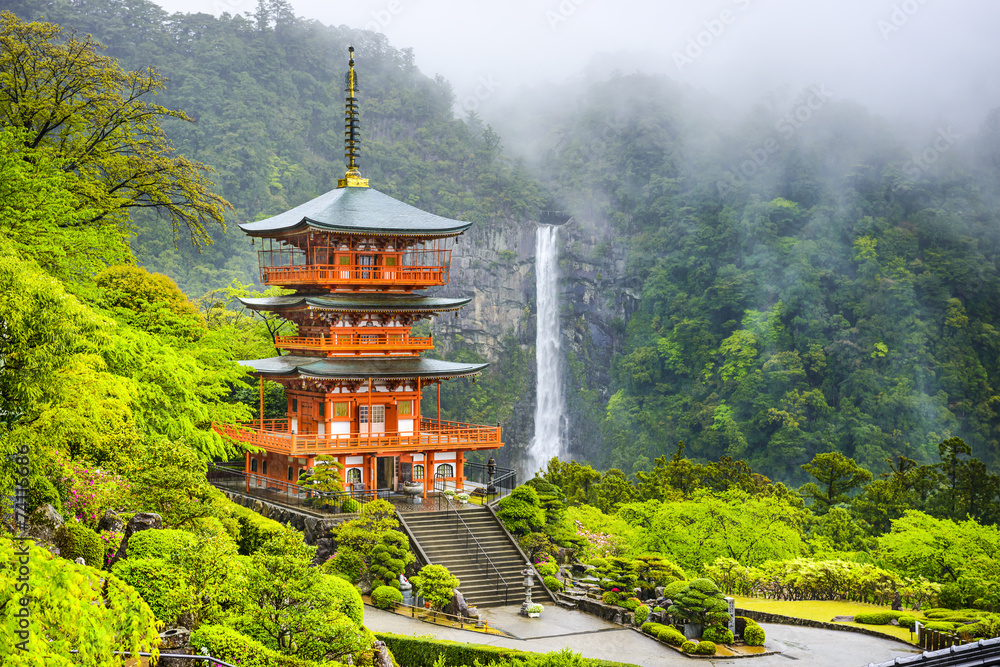 Nachi, Japan Pagoda and Waterfall - obrazy, fototapety, plakaty 