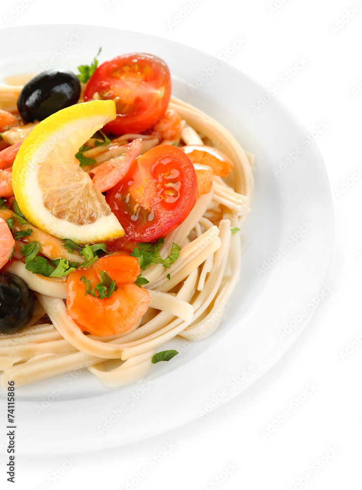 Tasty pasta with shrimps, black olives and tomatoes isolated