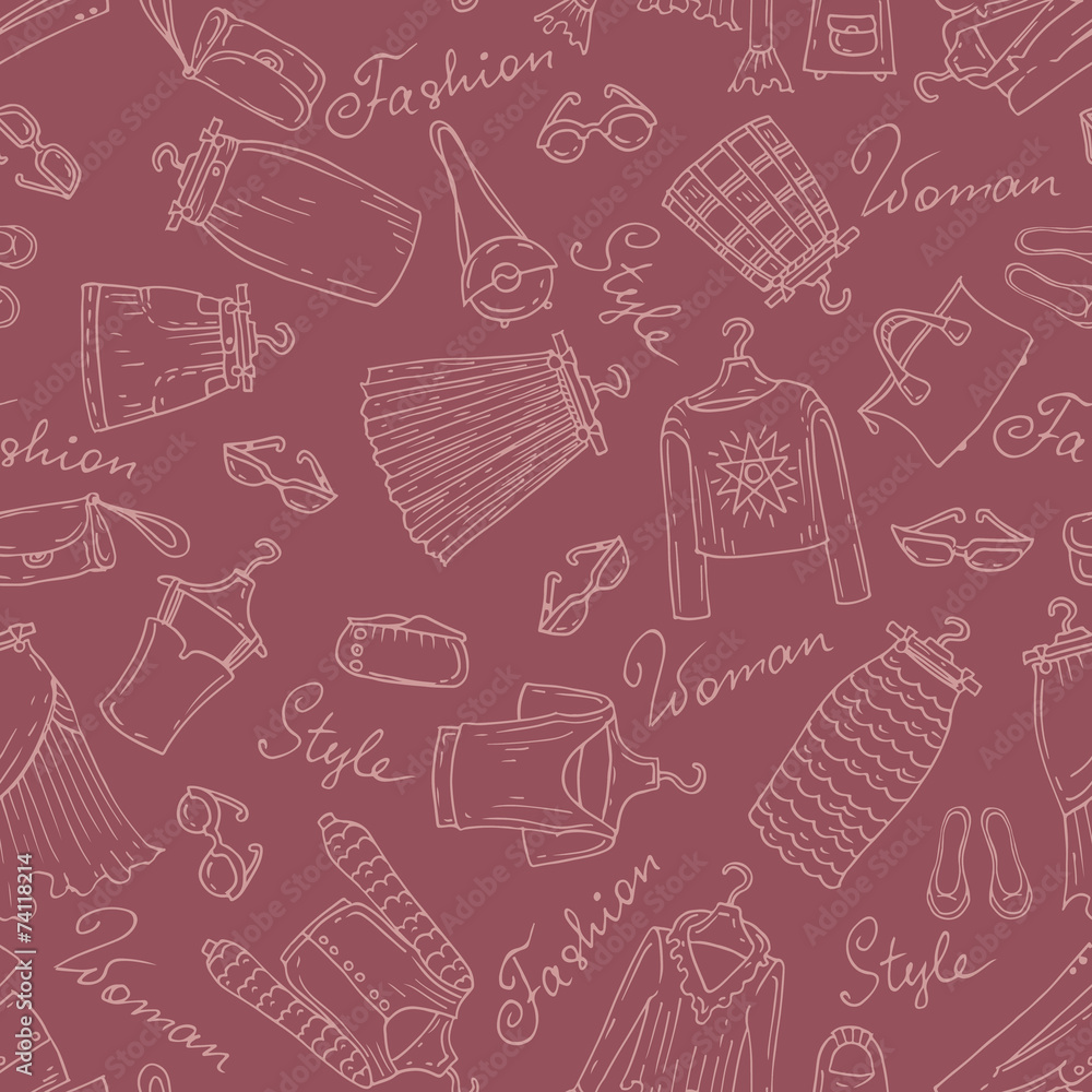 Vector pattern with fashionable skirts and blouses on brown Vector pattern with fashionable skirts and blouses on brown