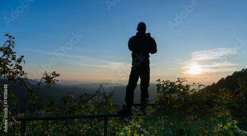 silhouette a man with Tree marigold with Tung Bua Tong backgroun © phollapat
