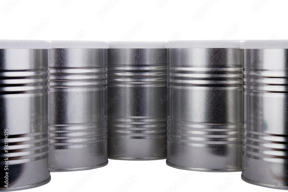 Five metal cans.