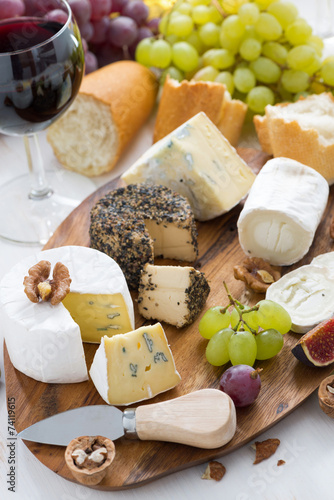 cheese platter, snacks, bread and wine