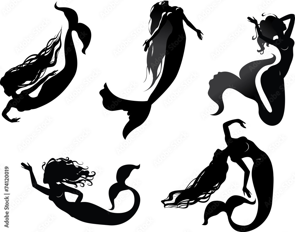 Mermaid silhouettes - obrazy, fototapety, plakaty 
