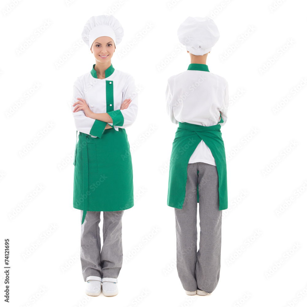 back and front view of happy chef woman in uniform - full length
