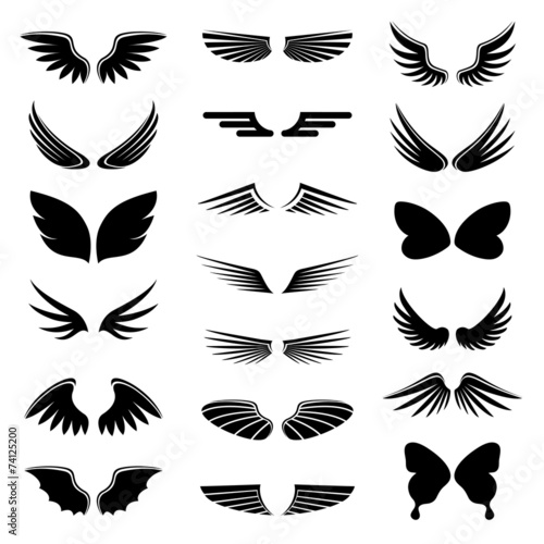 vector set angel and bird wings, icon silhouette illustration