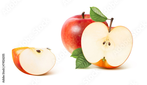 Red apple half and distant quarter isolated on white