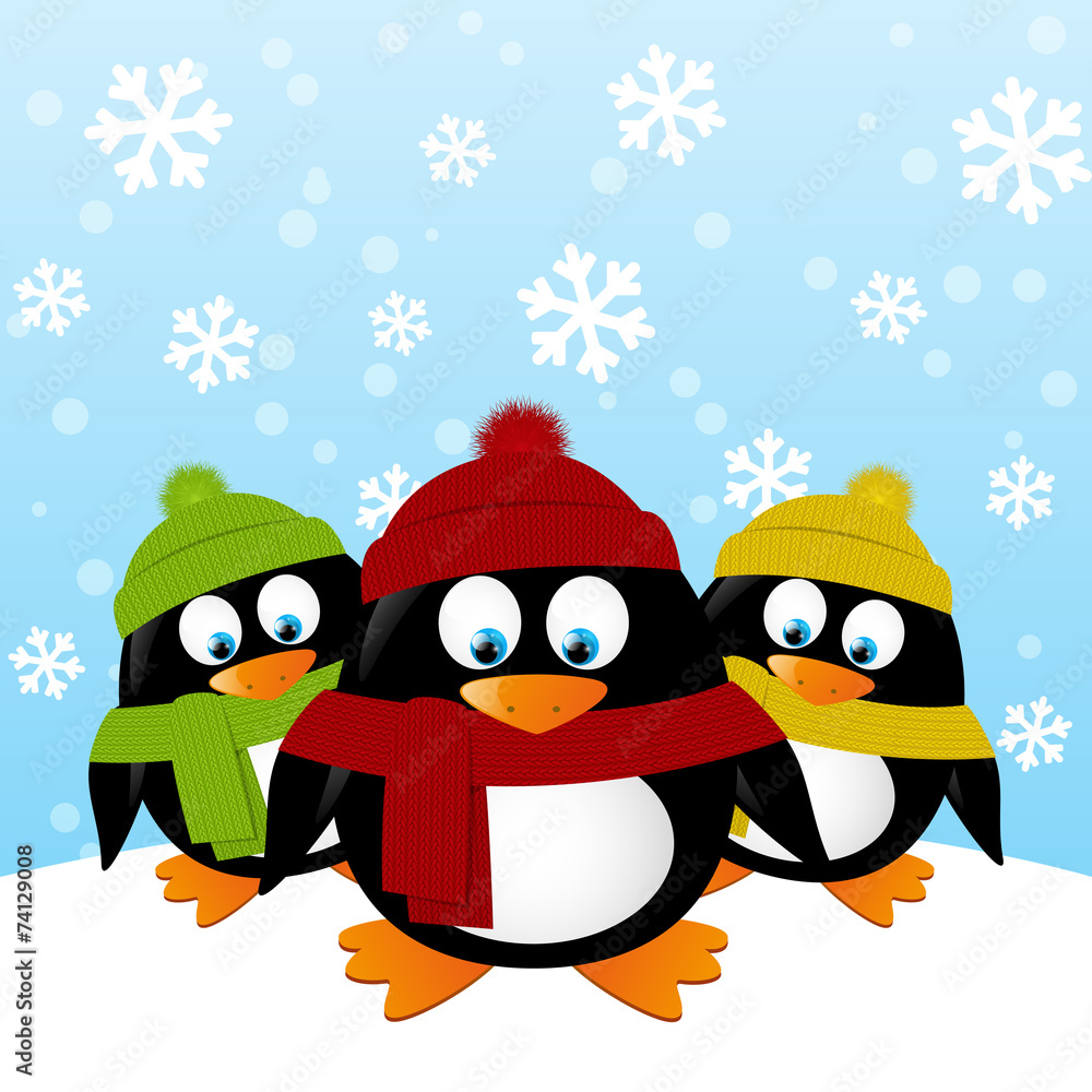 Fototapeta premium Cute cartoon penguins on winter background