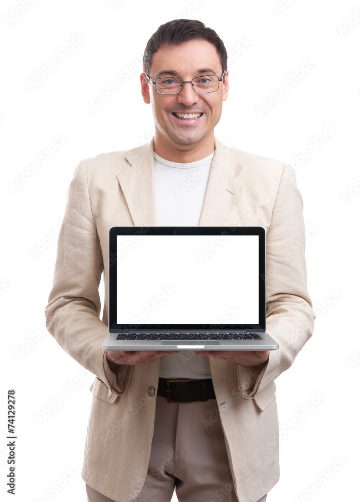 handsome man showing laptop with blank screen handsome man showing laptop with blank screen