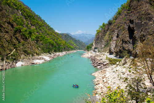 Gang river valley and rafting boat near Rishikesh