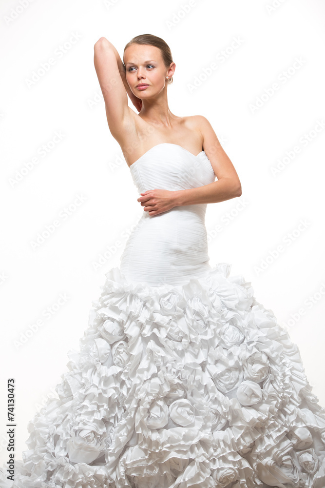 Gorgeous bride in her wedding dress on white background Gorgeous bride in her wedding dress on white background