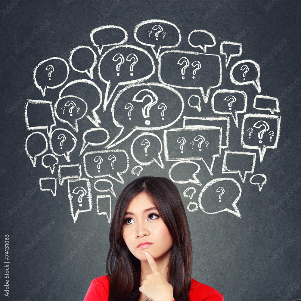 woman thinking, social media concept woman thinking, social media concept