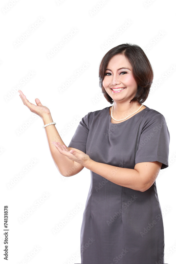 business woman showing blank area business woman showing blank area