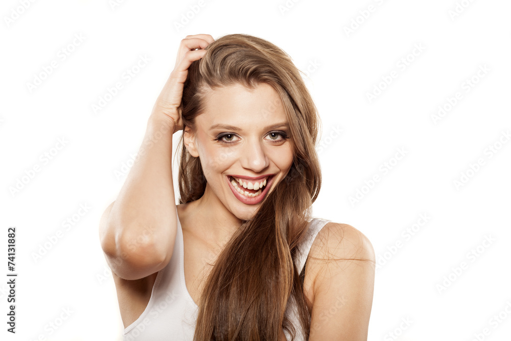 happy beautiful young woman on a white background happy beautiful young woman on a white background