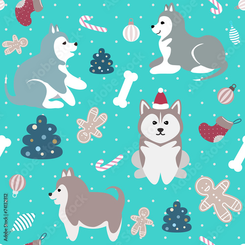Christmas seamless pattern with cute cheerful husky puppies