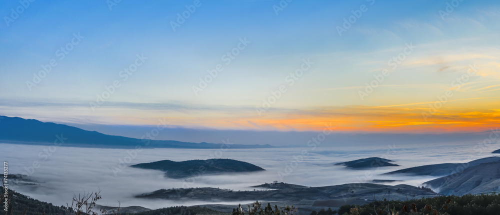 fog and cloud mountain valley landscape sunset sky