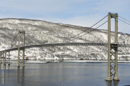 Tjeldsund road Bridge in winter, Troms county, Norway.