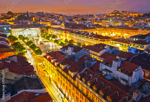 Rossio Square at night and Maria II Theatre. View from Santa Jus photo