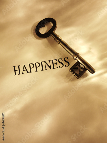 Old church key with the word happiness