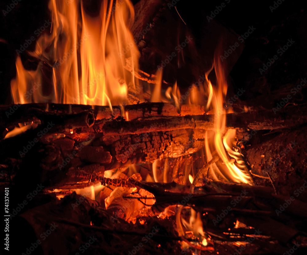 fire flames in fireplace - black background xmas