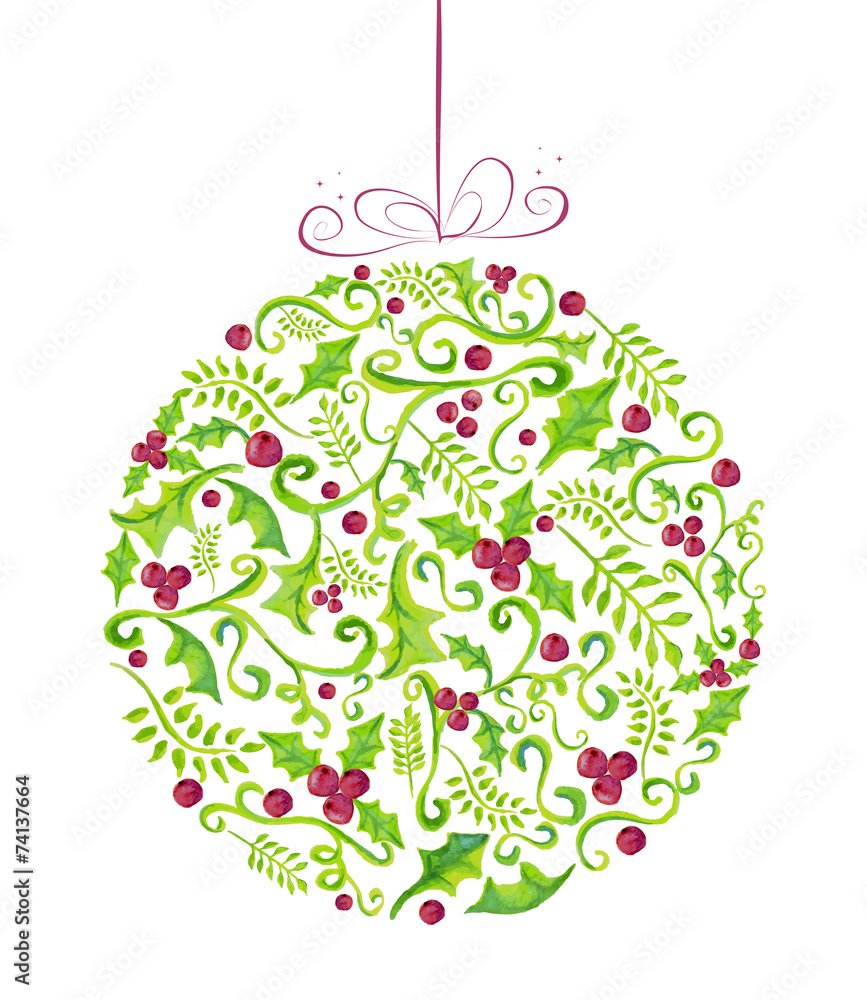 Holly Christmas watercolor bauble greeting card - obrazy, fototapety, plakaty 